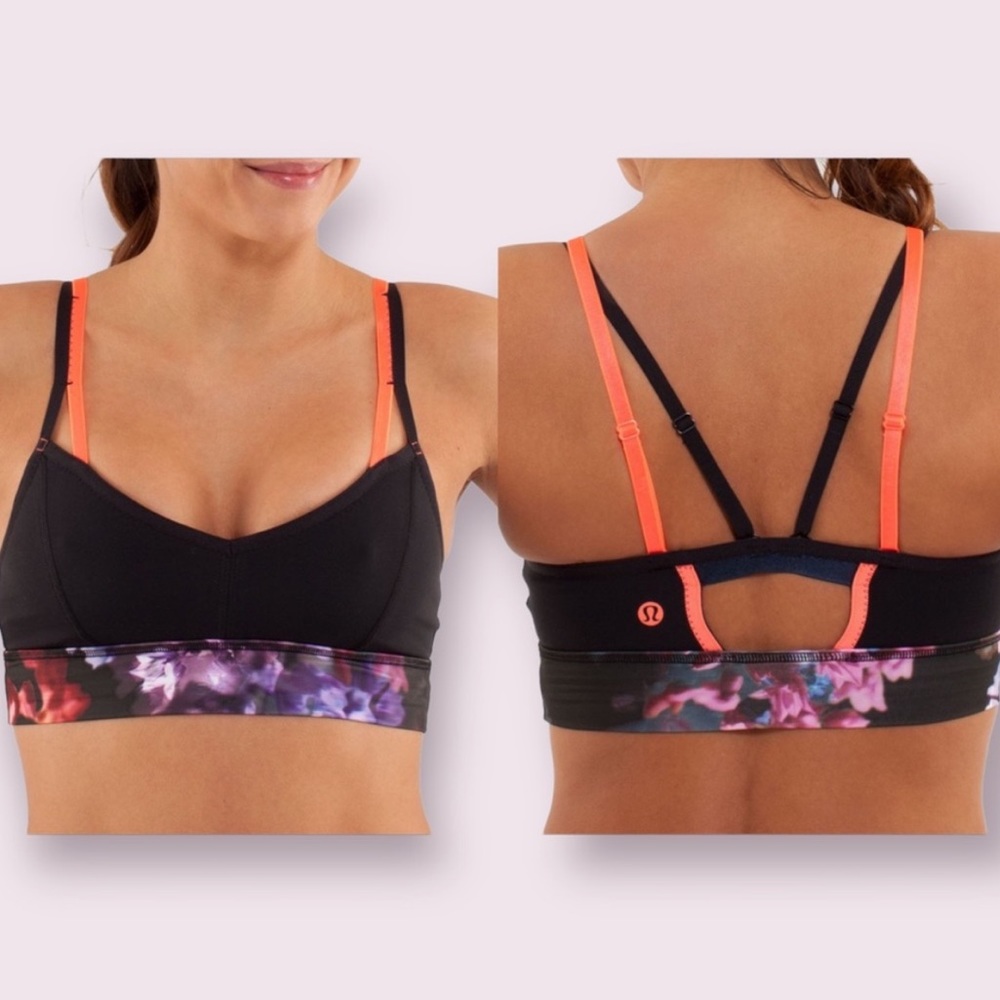 Lululemon Flip Your Dog Bra- Size 4. Black/Spring Has Sprung Multi